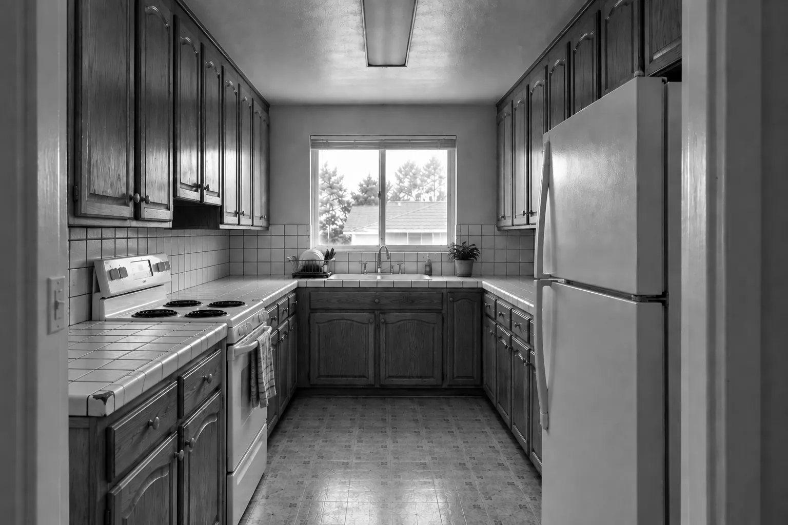 Render of one example kitchen before the remodel, with 1980s oak cabinets, white tile counters and a double sink under the window.