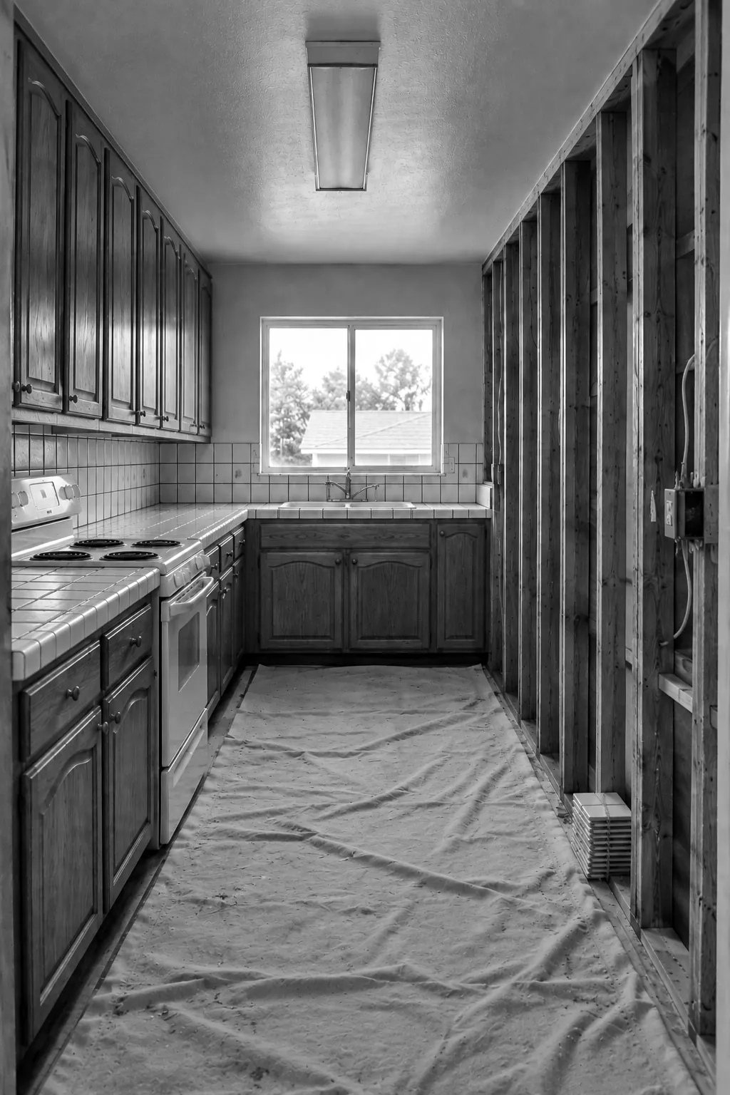 Render of one example galley kitchen halfway through a kitchen remodel, the old oak cabinets still on the left wall and the right wall stripped to bare studs.